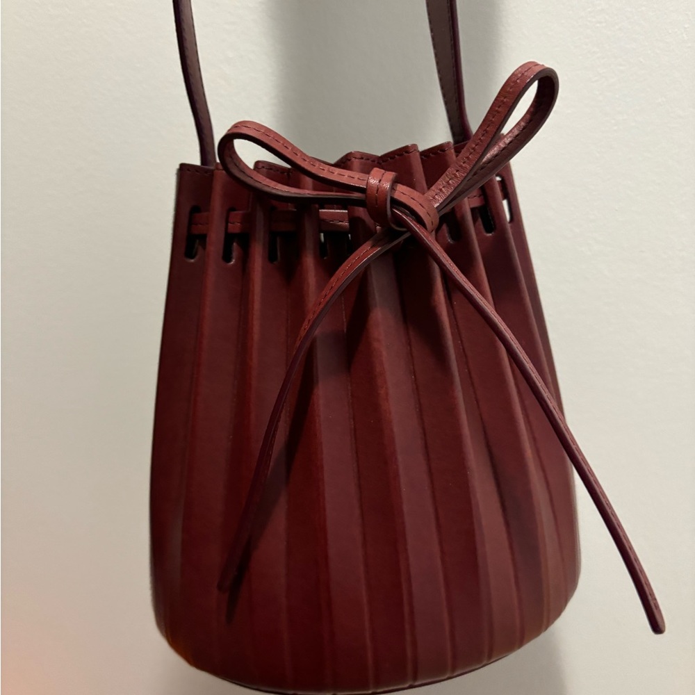 Mansur Gavriel mini pleated bucket bag Bordo with strap, dust bag, pink box